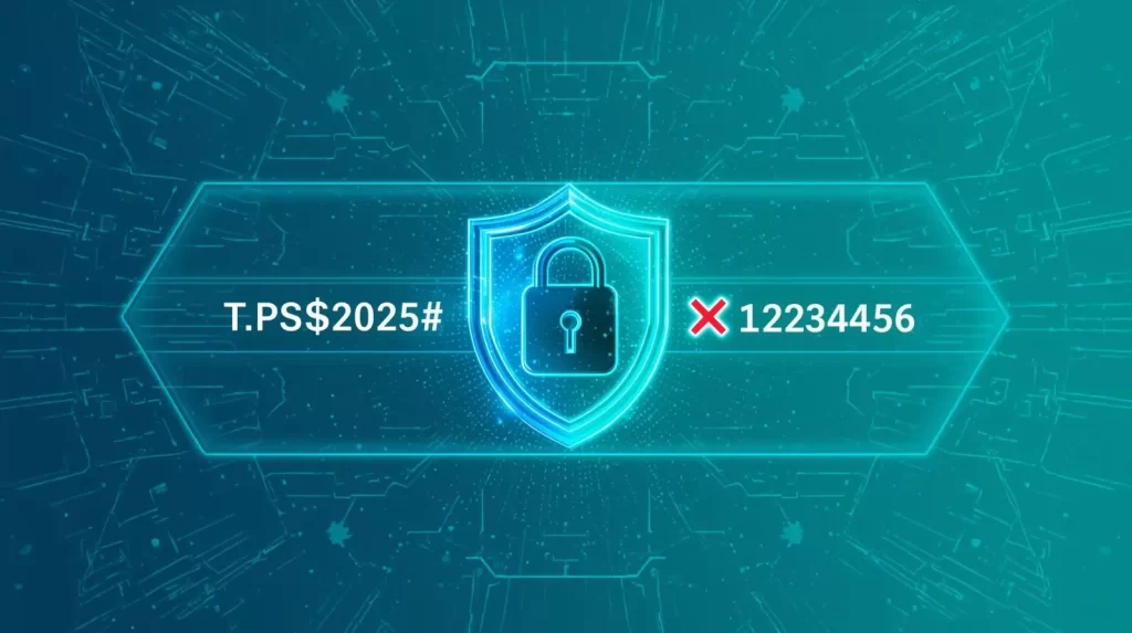 Futuristic cybersecurity illustration with strong password tips for 2025, featuring lock, shield, and examples of weak vs strong passwords.