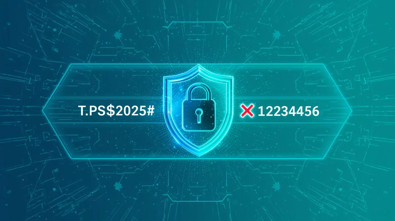 Futuristic cybersecurity illustration with strong password tips for 2025, featuring lock, shield, and examples of weak vs strong passwords.
