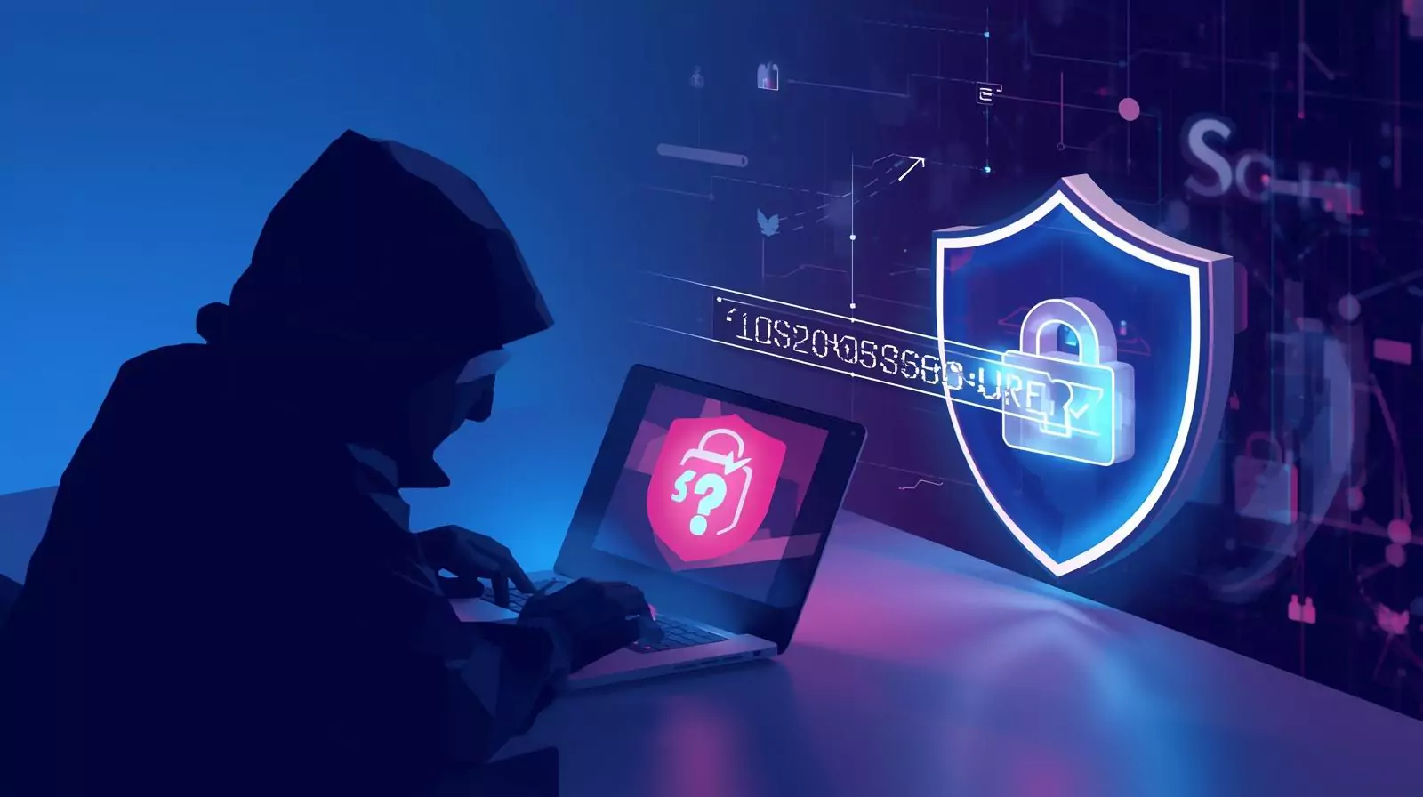 Showing a hacker attempting to crack weak passwords like 123456 on one side, and a strong password with a shield and green checkmark on the other, symbolizing protection.