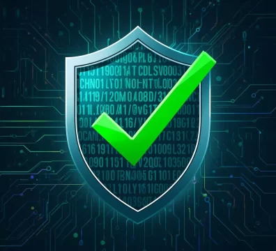 A shield and green checkmark symbolizing protection against hacking.