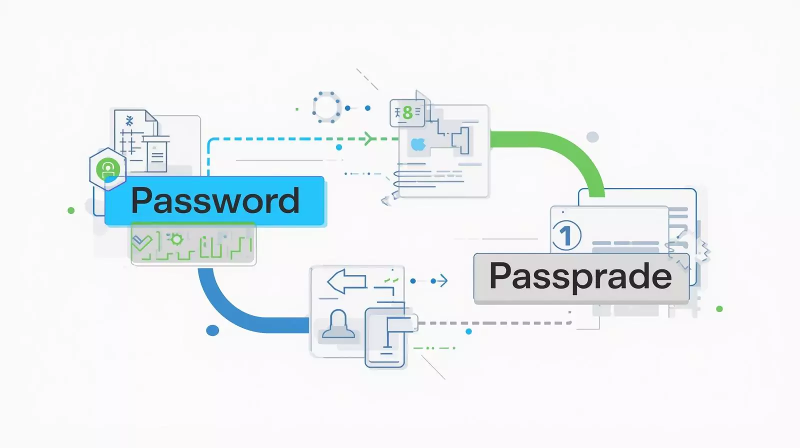 Comparison graphic showing a random password versus a passphrase with a VS symbol, highlighting password security differences.