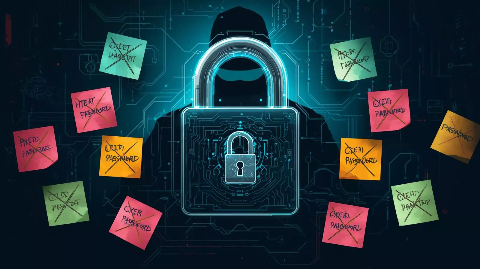 change password regularly locker and multiple sticky notes surrounding